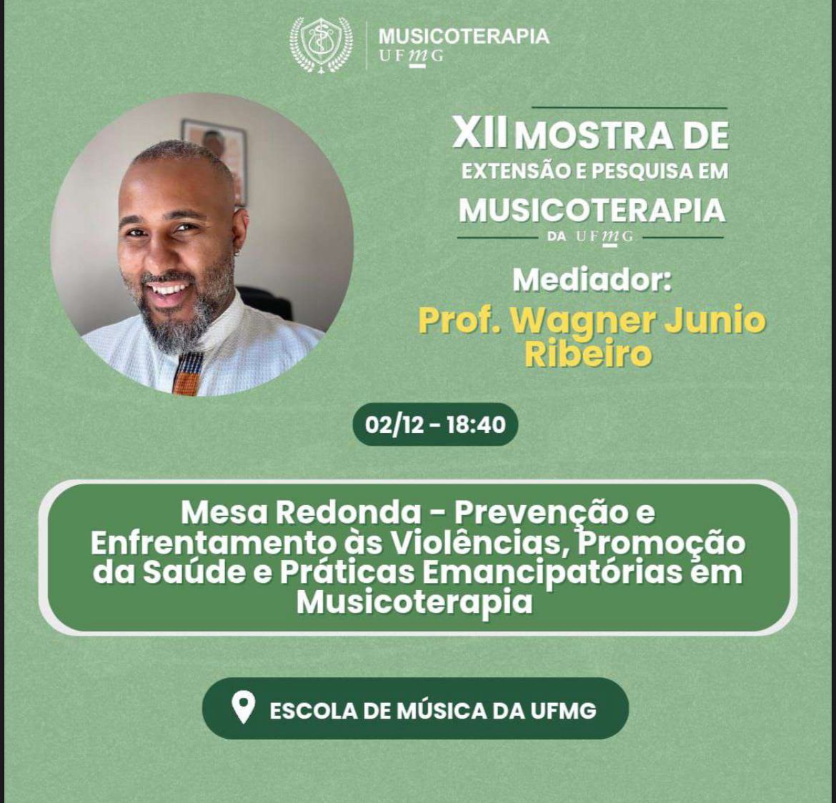 Banner da XII Mostra de extensão e pesquisa em musicoterapia da UFMG